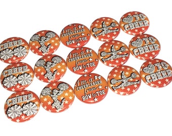 Orange Cheer, Cheer, 1", 1.25", 1.5", Button, Cheer Theme, Cheer Decor, Cheerleading, Gift, Cheer Birthday, Poms, Flatback, Pinback, CD018