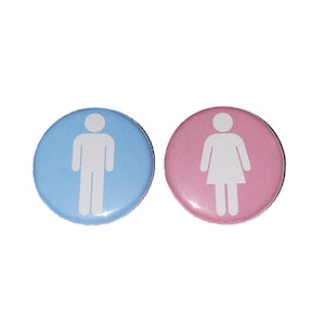 Gender Reveal, Blue, Pink, White, 1.25&quot;, 1.5&quot;, 2.25&quot;, Pinback Button, He or She, Restroom Sign, Male or Female, Boy or Girl, VB216, VB237