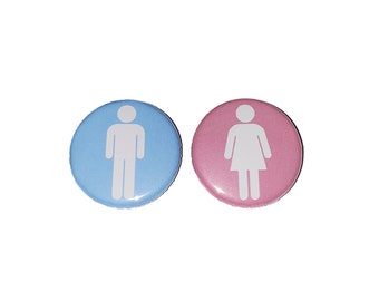 Gender Reveal, Blue, Pink, White, 1.25", 1.5", 2.25", Pinback Button, He or She, Restroom Sign, Male or Female, Boy or Girl, VB216, VB237