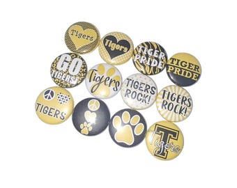 Tigers, Yellow, Black, 1", 1.25", 1.5", 2.25", Button, Tiger Theme, Tiger Decor, Flatback, Pinback, SM019