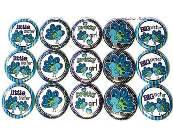 Peacock, 1", 1.25", 1.5", 2.25", Button, Little Sister, Big Sister, Party Favor, Peacock Theme, Bird Theme, Flatback, Pinback, Badge, BR012