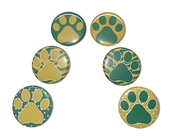 Paw, Gold, Green, 1", 1.25", 1.5", Button, Paw Prints, Animal Prints, Animal Paws, Paw Embellishments, Flatback, Pinback, Pin, Badge, PP010