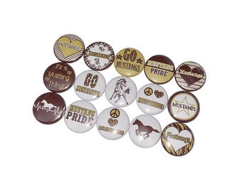 Mustangs, Maroon, Gold, 1", 1.25", Button, Mustang Theme, Mustang Decor, Flatback, Pinback, Pin, SM013