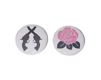 Gender Reveal, Guns, Flower, 1.25", 1.5", 2.25", Pin Back Button, Pink, Black, Rose, Baby Reveal, Baby Shower, Pistols, VB221. VB274