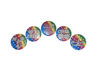 Rainbow Cheer, Cheer, 1", 1.25", 1.5", Button, Cheer Theme, Cheer Decor, Cheerleading, Gift, Cheer Birthday, Poms, Flatback, Pinback, CD027