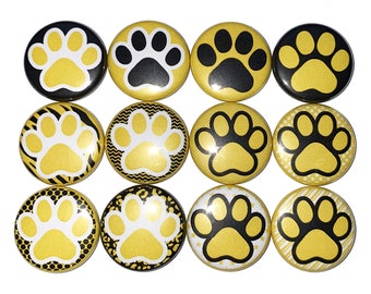 Paw Magnet, Yellow, Black, White, 1", 1.25", 1.5", 2.25", Button Magnet, Yellow Paw, Black Paw, School Colors, School Pride, Paw, PP035