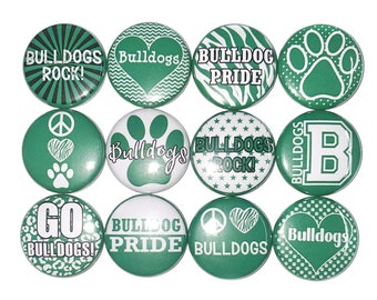 Bulldog Magnet, Green, White, 1", 1.25", 1.5", 2.25", Button Magnet, Bullldog Mascot, Bulldog Theme, SM049