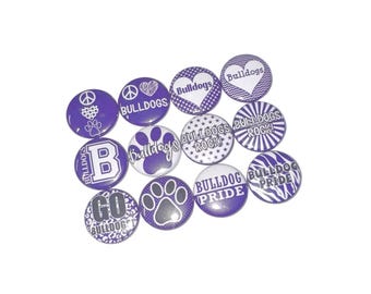 Bulldogs, Purple, White, 1", 1.25", 1.5", 2.25", Button, Bulldog Theme, Bulldog Flatback, Bulldog Pinback, SM083