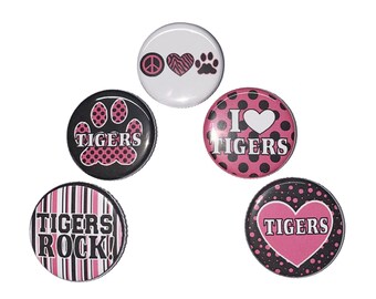 Tiger Magnet, Black, Pink, 1", 1.25", Button Magnet, Tigers, Tiger Theme, Tiger Decor, Tiger Party Favor, Paw, SM014