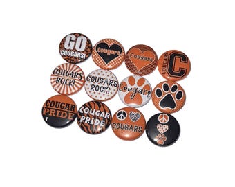 Cougars, Black, Orange, White, 1", 1.25", 1.5", 2.25", Button, Cougar Theme, Party Favor, Flatback, Pinback, SM081
