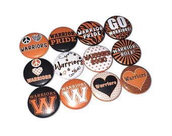 Warrior, Orange, Black, 1", 1.25", 1.5", 2.25", Button, Warrior Theme, Warrior Flatback, Warrior Pinback, SM095