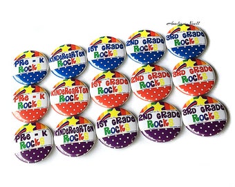 School Rocks, 1", 1.25", Button, Kindergarten, 1st, 2nd, 3rd, Pre-K, School Party Favor, Decor, School Theme, Flatback, Pinback, Pin, SC010