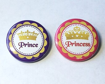 Gender Reveal, Prince, Princess, Purple, Pink, 1.25", 1.5", 2.25", Pinback Button, Crown, Baby Reveal, Pregnancy Reveal, Vote, VB338, VB335