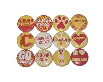 Cougars Magnet, 1", 1.25", 1.5", 2.25", Button Magnet, Cougar Mascot, Red, Yellow, Cougars, Cougar Theme, Cougar Decor, Party Favor, SM028