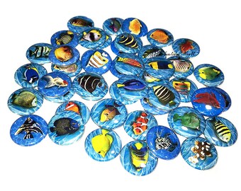Fish, Tropical Fish, 1", 1.25", 1.5", 2.25", Button, Salt Water, Party Favor, Fish Theme, Water, Flatback, Pinback, Badge, Vacation, AQ002