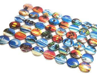 Tropical, 1", 1.25", 1.5", 2.25", Button, Beach, Palm Tree, Dolphin, Sunset, Scuba, Sail Boat, Vacation, Ocean, Flatback, Pinback, TS019