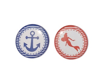 Gender Reveal, Nautical, Blue, Red, 1.25", 1.5", 2.25", Pinback Button, Anchor, Mermaid, Baby Reveal, Blue Anchor, Red Mermaid, VB280, VB285