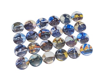 Train, 1", 1.25", 1.5", 2.25", Button, Snow, Travel, Steam Train, Train Smoke, Transportation, Black Train, Flatback, Pinback, Badge, VT005