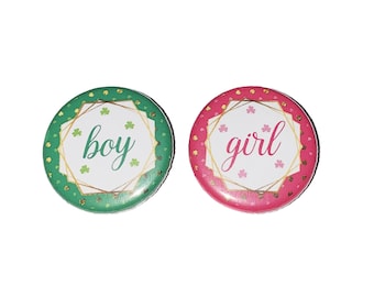Gender Reveal, St. Patrick's Day, Pink, Green, Gold, 1.25", 1.5", 2.25", Pinback Button, Shamrock, Shower, Boy or Girl, Clover, VB545, VB536
