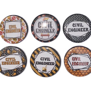 May include: Six round buttons with a black and white design featuring the text "Civil Engineer" in red. Each button has a different design featuring construction-related imagery, including traffic signs, construction equipment, and a brick wall.