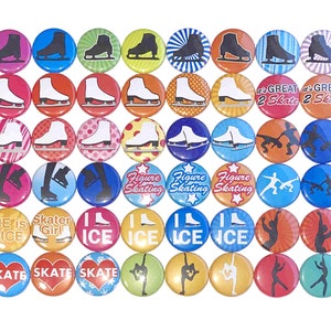 May include: A collection of 36 colorful round buttons with various designs related to ice skating. The buttons feature images of ice skates, skaters, and text such as "Figure Skating", "ICE", and "Skate".