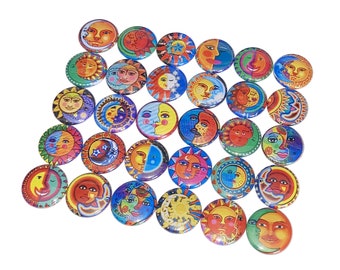 Sun, Moons, 1", 1.25", 1.5", 2.25", Button, Moon, Half Moon, Moon Faces, Sun Faces, Sunlight, Night, Flatback, Pinback, Pin, Badge, SY012