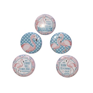 May include: Five pink flamingo themed button pins. The buttons have different designs and sayings. One button says "Make today flamazing." Another button says "Stand tall, darling." Another button says "Born to stand out." The remaining two buttons feature a pink flamingo with a blue and white geometric pattern.