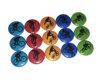 Bikes, Tricks, Stunts, 1", 1.25", 1.5", 2.25", Button, Silhouette, Party Favor, Bicycle, Bike Stunt, Cyclist Theme, Flatback, Pinback, BY002