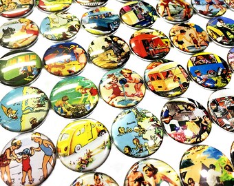 Summer, Camping, Beach, 1", 1.25", Button, Retro Camper, Vintage Camper, Old Time Summer, Vintage, Retro, Ocean, Flatback, Pinback, SU002