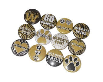 Wildcat, Gold, Black, White, 1", 1.25", 1.5", 2.25", Button, Gold Wildcat, School Colors, Flatback, Pinback, SM057