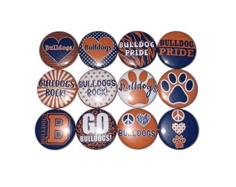Bulldog Magnet, Navy Blue, Orange, 1", 1.25", 1.5", 2.25", Button Magnet, Bulldog Theme, SM082
