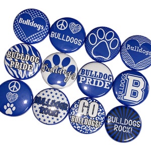 Bulldogs, Royal Blue, White, 1&quot;, 1.25&quot;, 1.5&quot;, 2.25&quot;, Button, Bulldog Decor, Bulldog Theme, Bulldog Flatback, Bulldog Pinback, SM050