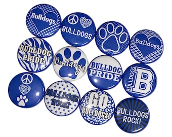 Bulldogs, Royal Blue, White, 1", 1.25", 1.5", 2.25", Button, Bulldog Decor, Bulldog Theme, Bulldog Flatback, Bulldog Pinback, SM050