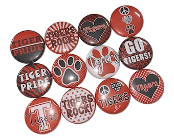 Tigers, Red, Black, 1", 1.25", 1.5", 2.25", Button, Tiger Theme, Tiger Decor, Craft Supplies, Tiger Embellishments, Flatback, Pinback, SM004