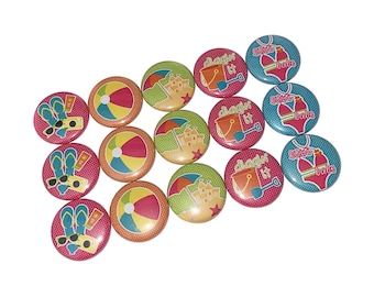 Beach, 1", 1.25", 1.5", 2.25", Button, Beach Ball, Flip Flops, Sand Bucket, Bikini, Summer, Party Favor, Swim, Flatback, Pinback, Pin, SU003