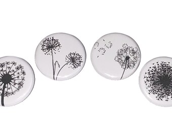 Dandelions, Black, White, 1", 1.25", 1.5", 2.25", Button, Dandelion Decor, Dandelion Theme, Black Dandelion, Flatback, Pinback, Pin, PF006