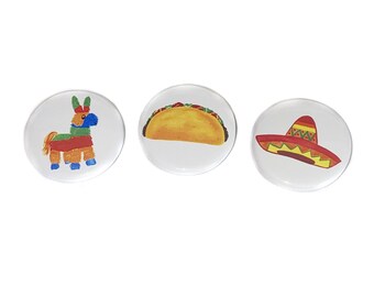 Fiesta Magnet, 1", 1.25", 1.5", 2.25", Button Magnet, Pinata Magnet, Sombrero Magnet, Taco Magnet, Cinco De Mayo, Taco, Party Favor, MX002