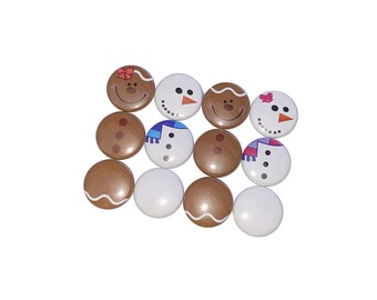 Gingerbread, Snowman, 1", 1.25", Button, Set of 12 Buttons, Gingerbread Girl, Snow Girl, Winter, Craft Supply, Flatback, Pinback, X032