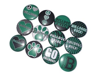 Bulldog, Green, Black, 1", 1.25", 1.5", 2.25", Button, Bulldog Theme, Bulldog Flatback, Bulldog Pinback, Badge, SM092