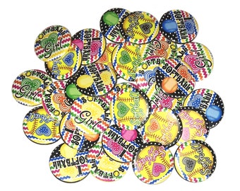 Softball, 1", 1.25", Button, Softball Theme, Softball Decor, Blue Softball, Black, Orange, Green, Gift, Flatback, Pinback, Pin, Badge, SE024