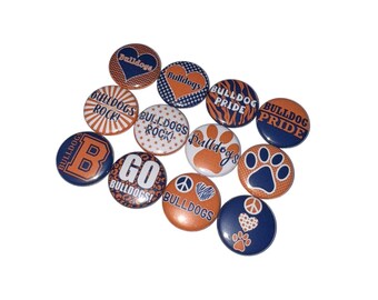 Bulldogs, Navy Blue, Orange, 1", 1.25", 1.5", 2.25", Button, Bulldog Decor, Bulldog Theme, Bulldog Flatback, Bulldog Pinback, SM082