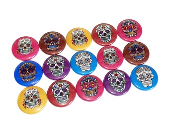 Sugar Skulls, 1", 1.25", 1.5", 2.25", Button, Sugar Skull Theme, Skull, Dia de los Muertos, Day of the Dead, Flatback, Pinback, Badge, PK009