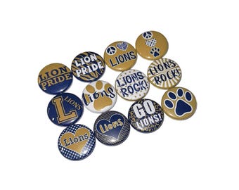 Lions, Navy Blue, Gold, 1", 1.25", 1.5", 2.25", Button, Lions Decor, Lions Theme, Lions Flatback, Lions Pinback, SM085