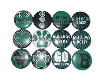 Bulldog Magnet, Green, Black, 1", 1.25", 1.5", 2.25", Button Magnet, Bulldog Theme, Party Favor, SM092