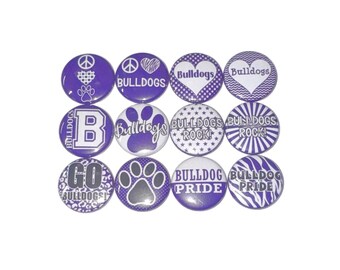 Bulldog Magnet, Purple, White, 1", 1.25", 1.5", 2.25", Button Magnet, Bullldog Mascot, Bulldog Theme, SM083