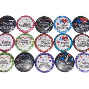 May include: A set of 15 round buttons with different designs featuring the text "Cardiac Sonographer" and various heart and medical symbols. The buttons are black, red, blue, green, and purple with white and black text.