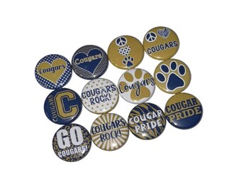 Cougars, Navy Blue, Gold, 1", 1.25", 1.5", 2.25", Button, Cougar Theme, Cougar Decor, Cougar Flatback, Cougar Pinback, Cougar Badge, SM005