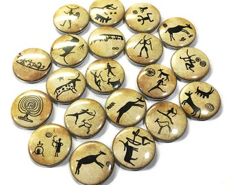 Primitive Art, 1", 1.25", 1.5", Button, Primitive Decor, Primitive Theme, Primitive Pin, Drawing, Tribal, Hieroglyphic Pin, Cave Art, T001