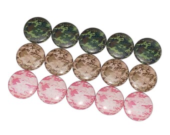 Camo, 1", 1.25", Button, Brown Camo, Tan Camo, Pink Camo, Green Camo, Camoflauge, Camo Theme, Camo Flatback, Camo Pinback, Camo Pin, BK017
