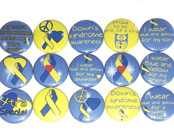 Down Syndrome Magnet, 1", 1.25", 1.5", Button Magnet, Blue Ribbon, Yellow Ribbon, Awareness, Down Syndrome, T21, DS Ribbon, DS002